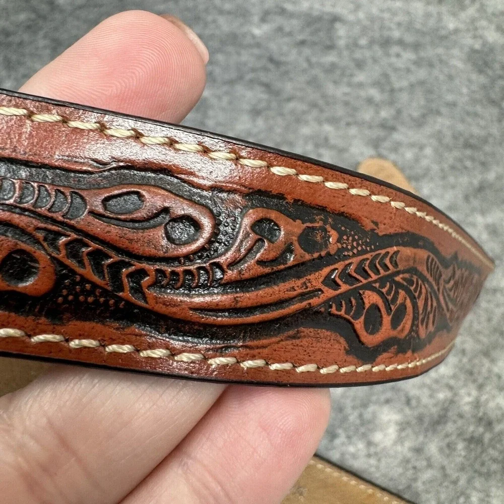 Nocona Tooled Western Belt Size 28 Genuine Leather Ornate Cowboy Buckle Longhorn